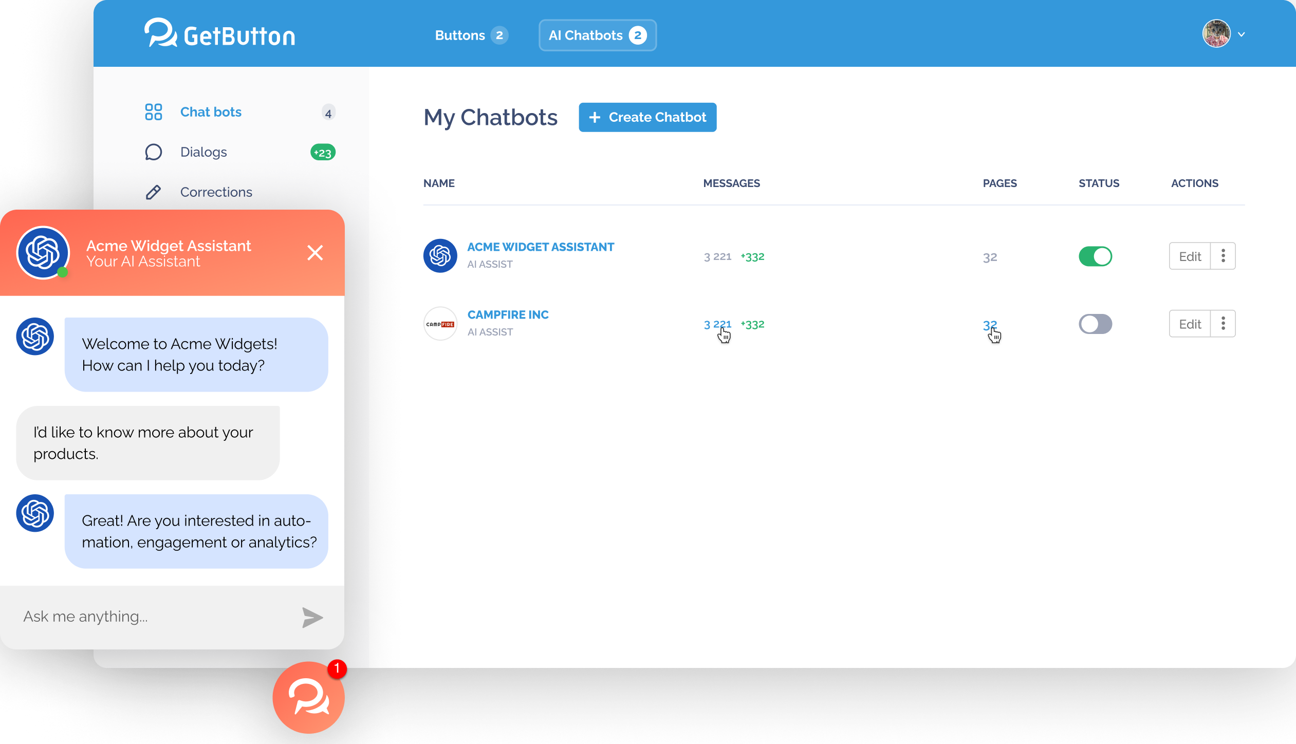 AI Chatbot for Websites – 24/7 Smart Customer Support | GetButton